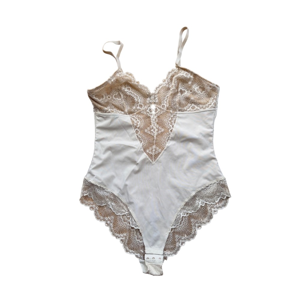 Pinsy Butterfly Lace Shapewear Bodysuit Cream Beige Large